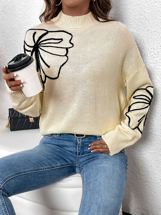 Sweaters- Leaf Embroidered High-Neck Sweater- Cracker khaki- IndioGear.com