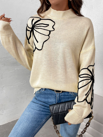 Sweaters- Leaf Embroidered High-Neck Sweater- - IndioGear.com