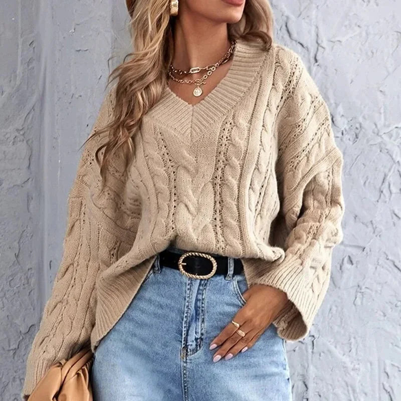 Sweaters- Loose Cable Knit V-Neck Sweater Jumper for Women- Khaki- IndioGear.com