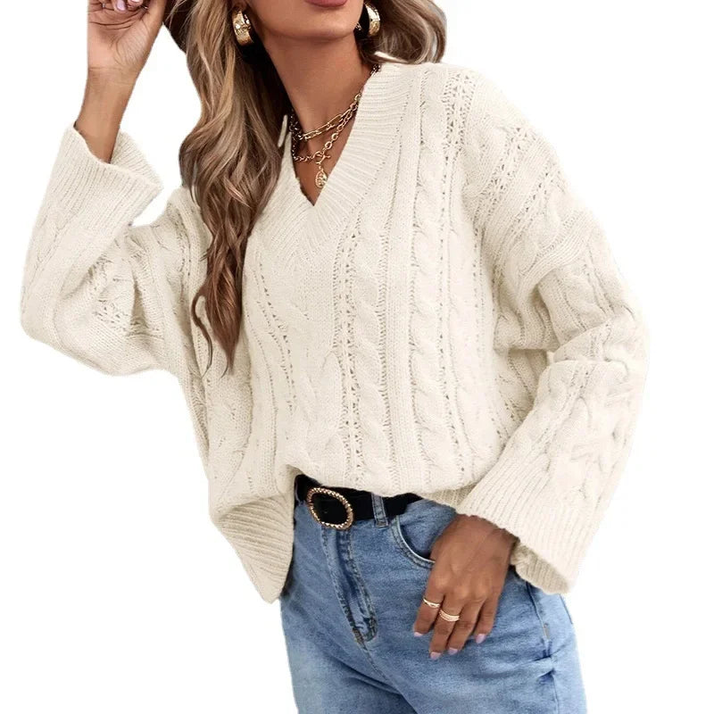 Sweaters- Loose Cable Knit V-Neck Sweater Jumper for Women- - IndioGear.com