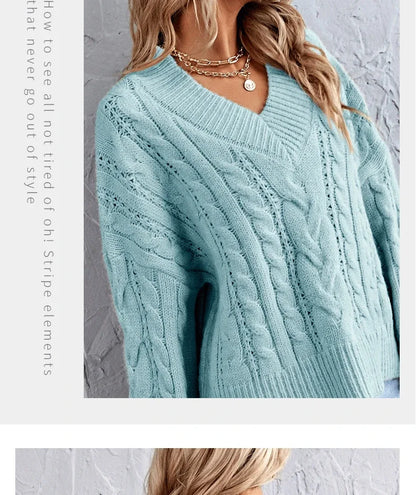 Sweaters- Loose Cable Knit V-Neck Sweater Jumper for Women- - IndioGear.com