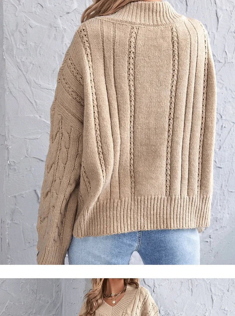 Sweaters- Loose Cable Knit V-Neck Sweater Jumper for Women- - IndioGear.com