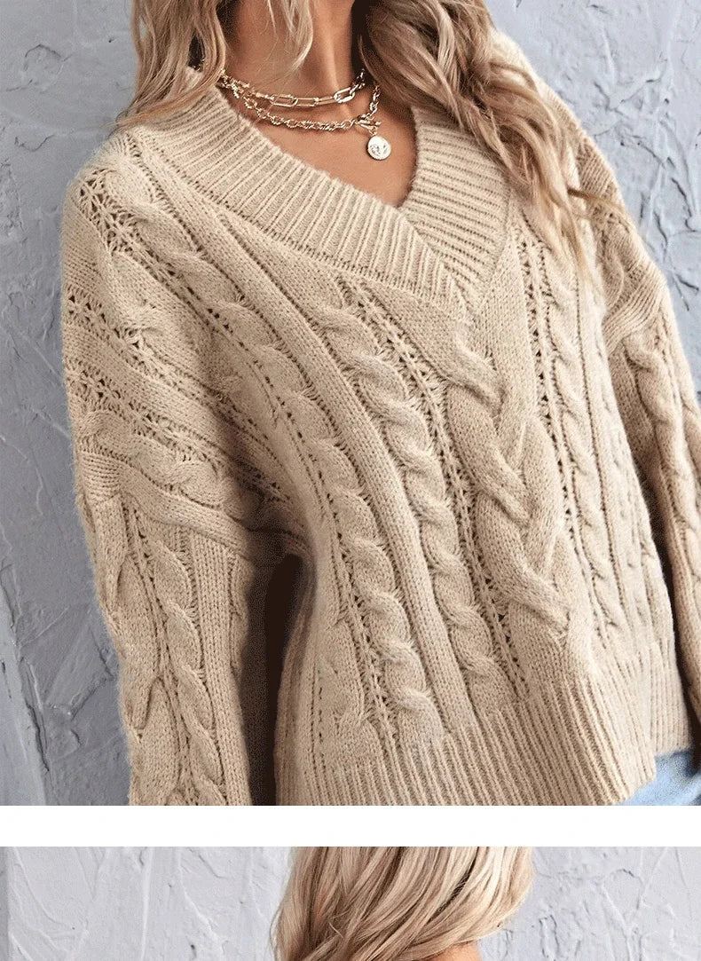 Sweaters- Loose Cable Knit V-Neck Sweater Jumper for Women- - IndioGear.com