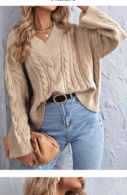 Sweaters- Loose Cable Knit V-Neck Sweater Jumper for Women- - IndioGear.com