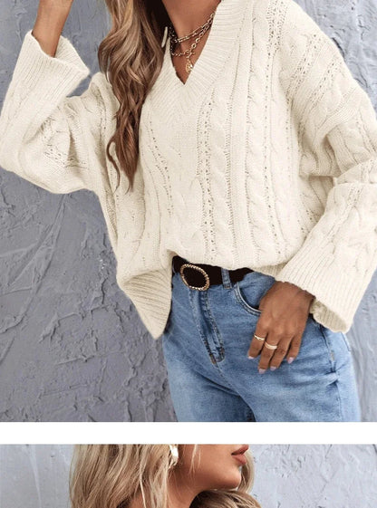 Sweaters- Loose Cable Knit V-Neck Sweater Jumper for Women- - IndioGear.com