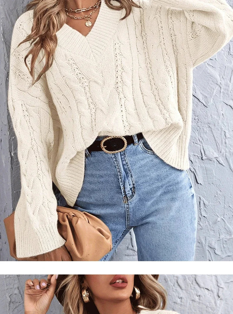 Sweaters- Loose Cable Knit V-Neck Sweater Jumper for Women- - IndioGear.com