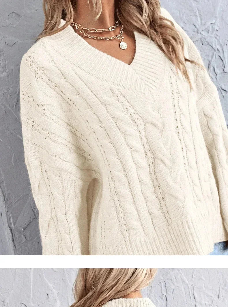 Sweaters- Loose Cable Knit V-Neck Sweater Jumper for Women- - IndioGear.com