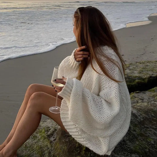 Sweaters- Mesh-Knitted Sweater Loose Fit Jumper for Women- White- IndioGear.com