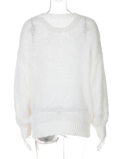 Sweaters- Mesh-Knitted Sweater Loose Fit Jumper for Women- - IndioGear.com