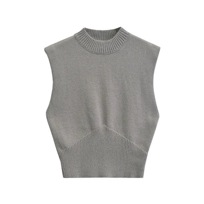 Sweaters- Minimalist High-Neck Sweater Gray Sleeveless Topper- Gray- IndioGear Women Clothing