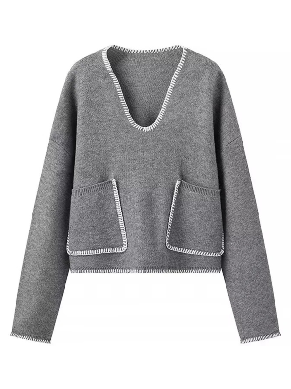 Sweaters- Modern Grey V-Neck Cropped Sweater- - IndioGear.com