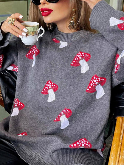 Sweaters- Mushroom Motif Comfy Sweater Oversized Jumper- - IndioGear Women Clothing