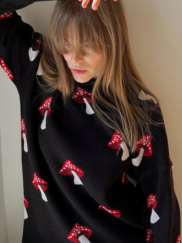 Sweaters- Mushroom Motif Comfy Sweater Oversized Jumper- - IndioGear Women Clothing