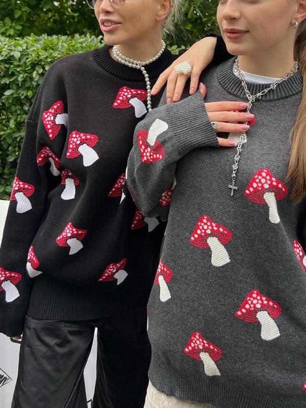 Sweaters- Mushroom Motif Comfy Sweater Oversized Jumper- - IndioGear Women Clothing