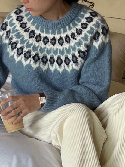 Sweaters- Nordic-Inspired Sweater for Women - Cozy Fair Isle Jumper- Blue- IndioGear.com