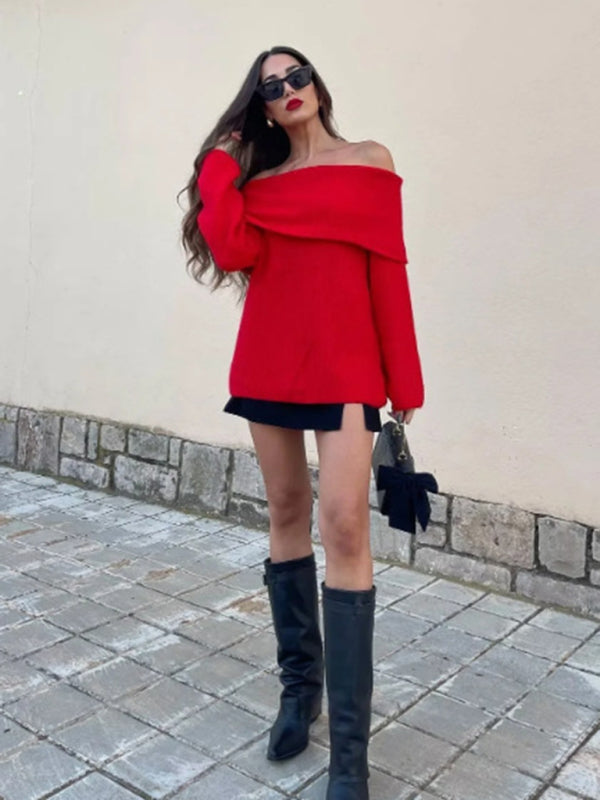 Sweaters- Off-Shoulder Knit Sweater Warmth & Style Jumper- Red- IndioGear Women Clothing