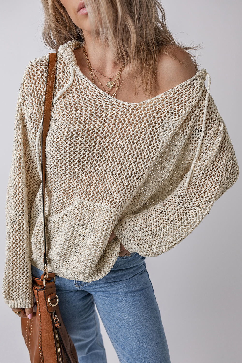 Sweaters- Open-Knit Hooded Sweater with Kangaroo Pocket- Jet Stream- IndioGear Women Clothing