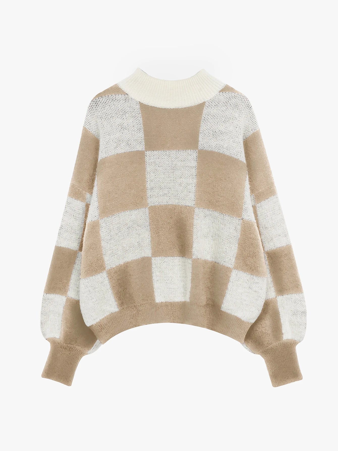 Sweaters- Oversized Checkerboard Sweater High Neck Jumper- - IndioGear.com