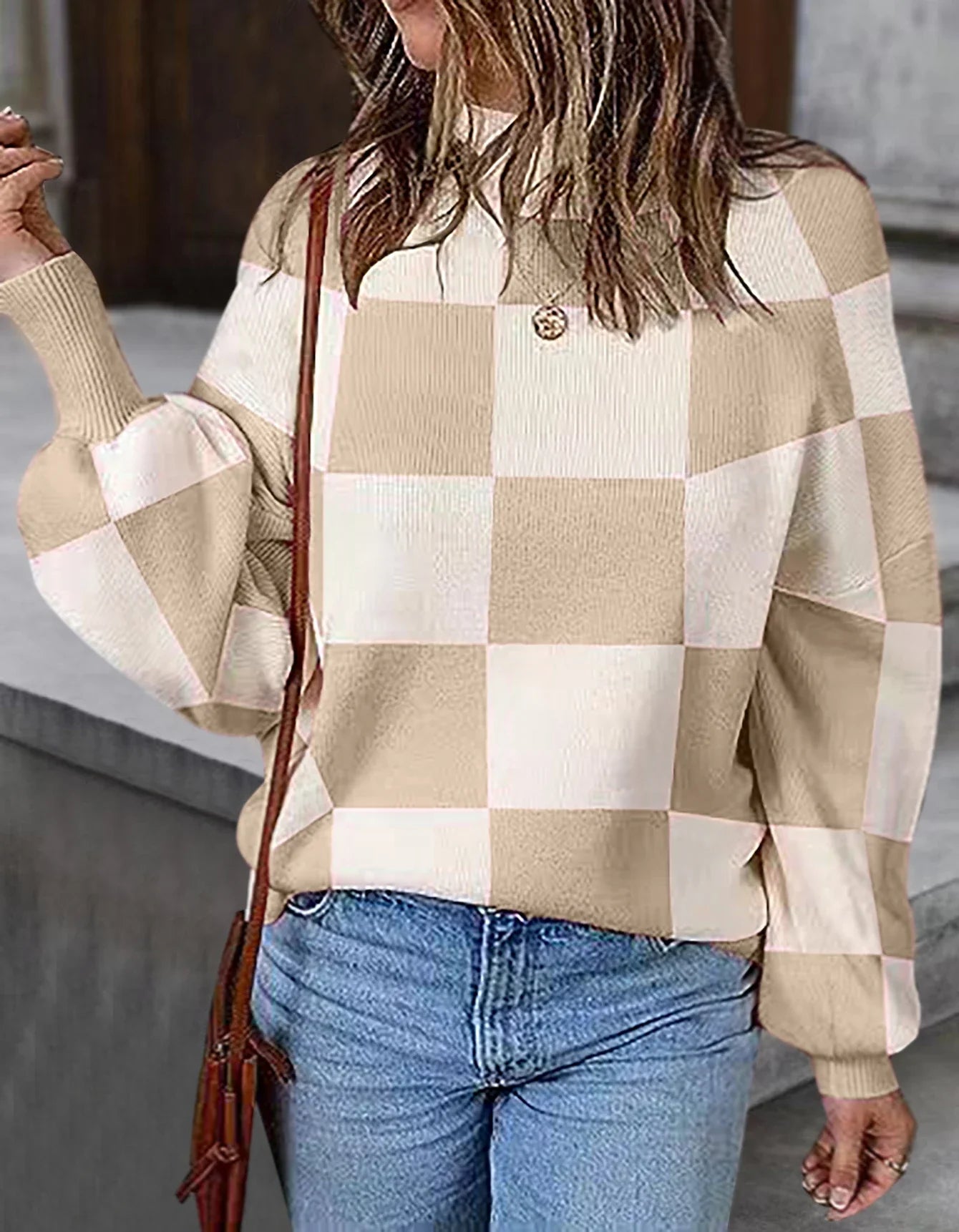 Sweaters- Oversized Checkerboard Sweater High Neck Jumper- Khaki- IndioGear.com