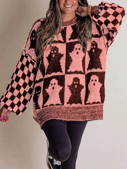 Sweaters- Oversized Halloween Sweater Ghost Jumper- Pink- IndioGear.com