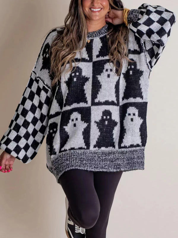 Sweaters- Oversized Halloween Sweater Ghost Jumper- Black- IndioGear.com