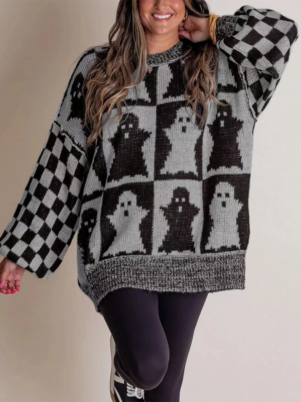 Sweaters- Oversized Halloween Sweater Ghost Jumper- Charcoal grey- IndioGear.com