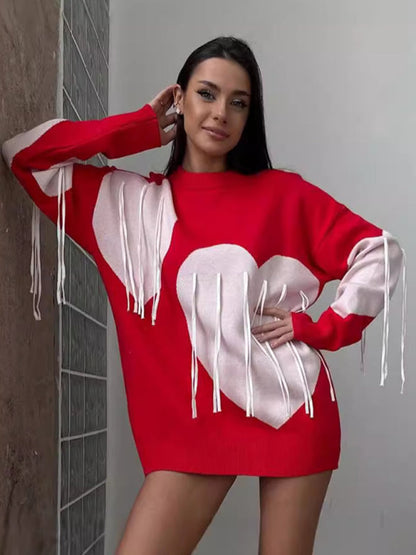 Sweaters- Oversized Heart Tassel Sweater Fringe Jumper- - IndioGear Women Clothing