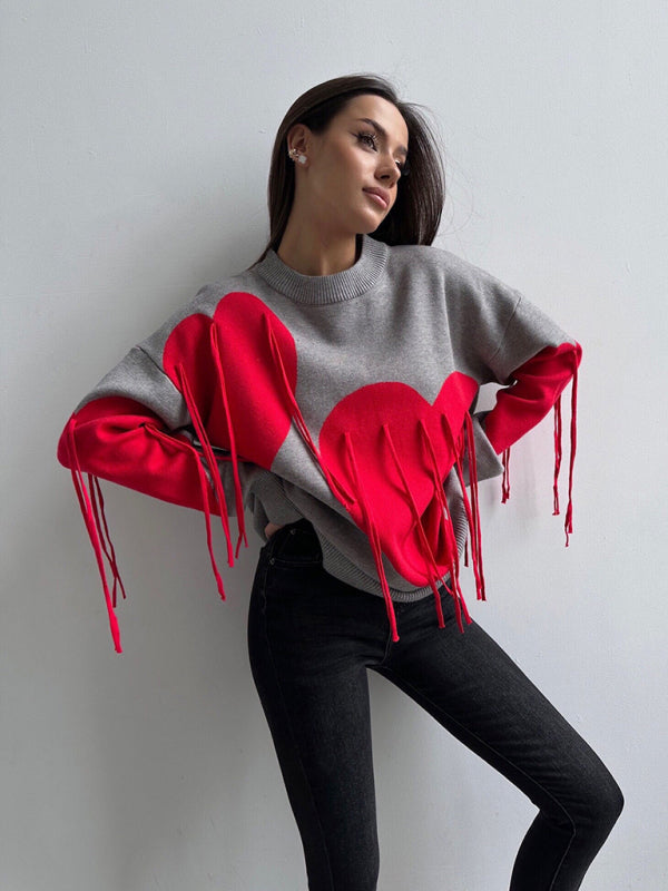 Sweaters- Oversized Heart Tassel Sweater Fringe Jumper- - IndioGear Women Clothing