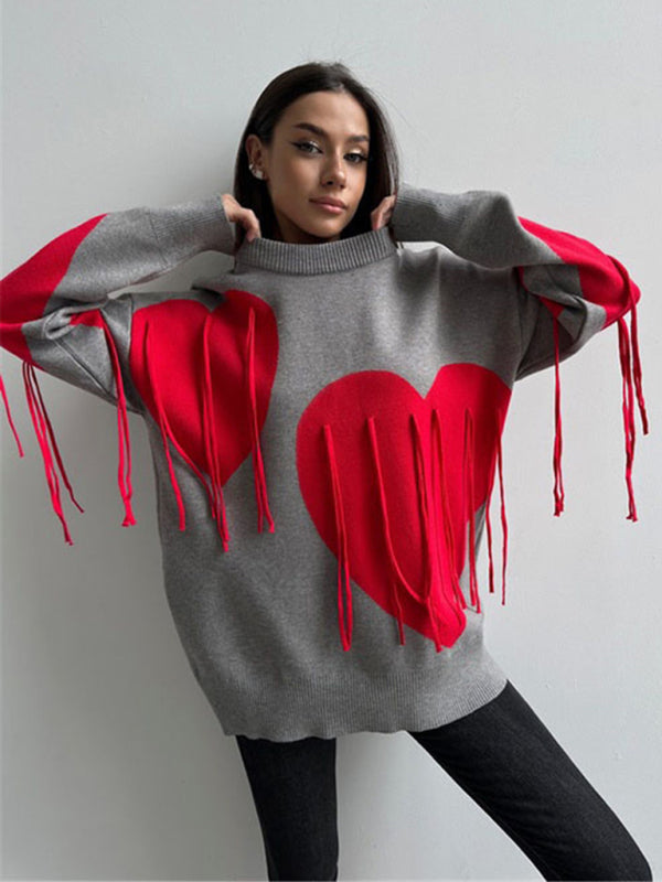 Sweaters- Oversized Heart Tassel Sweater Fringe Jumper- - IndioGear Women Clothing