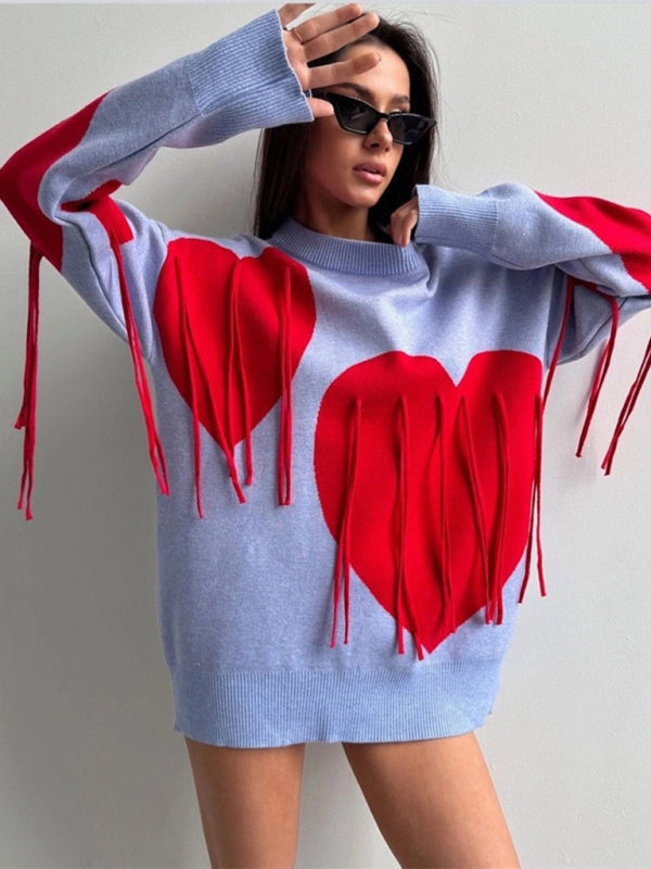 Sweaters- Oversized Heart Tassel Sweater Fringe Jumper- - IndioGear Women Clothing