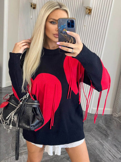 Sweaters- Oversized Heart Tassel Sweater Fringe Jumper- - IndioGear Women Clothing