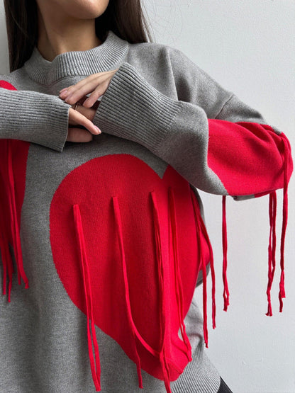 Sweaters- Oversized Heart Tassel Sweater Fringe Jumper- - IndioGear Women Clothing