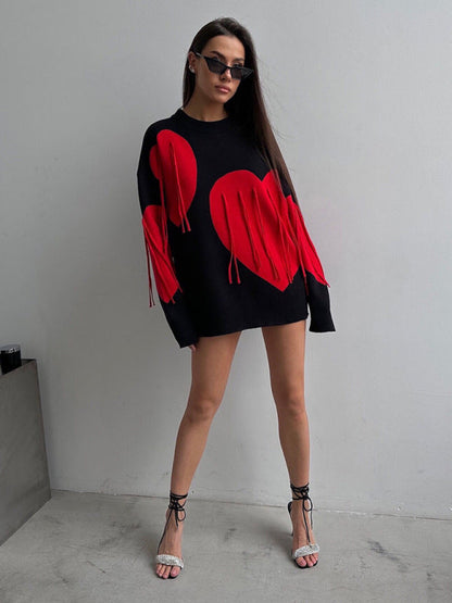 Sweaters- Oversized Heart Tassel Sweater Fringe Jumper- - IndioGear Women Clothing