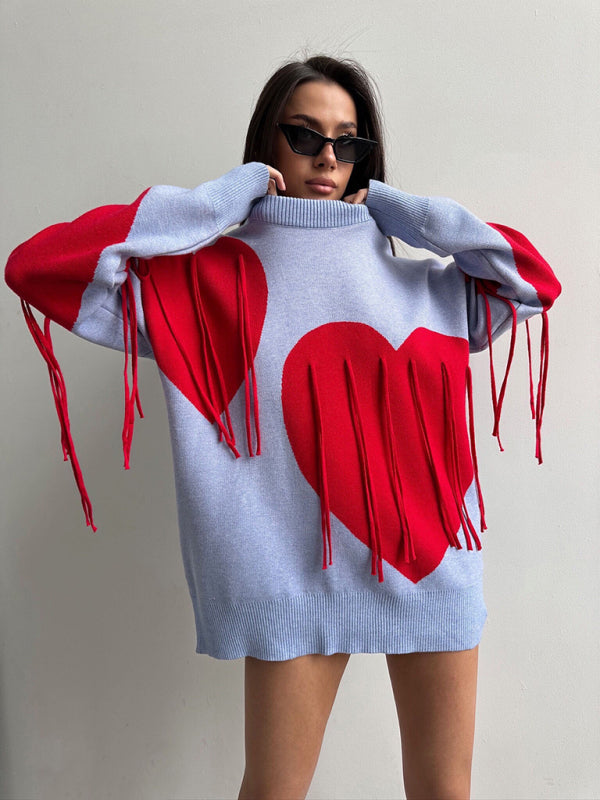 Sweaters- Oversized Heart Tassel Sweater Fringe Jumper- - IndioGear Women Clothing