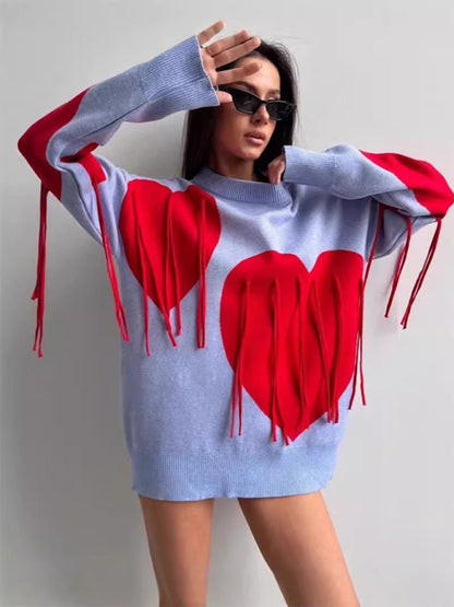 Sweaters- Oversized Heart Tassel Sweater Fringe Jumper- - IndioGear Women Clothing