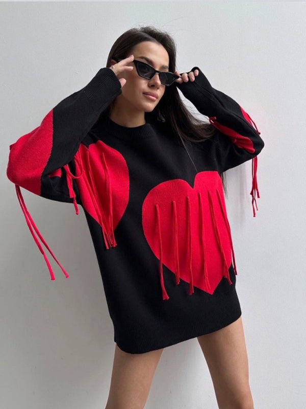 Sweaters- Oversized Heart Tassel Sweater Fringe Jumper- Black- IndioGear Women Clothing