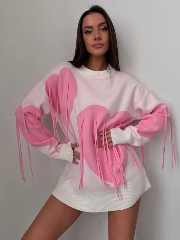 Sweaters- Oversized Heart Tassel Sweater Fringe Jumper- Pink- IndioGear Women Clothing