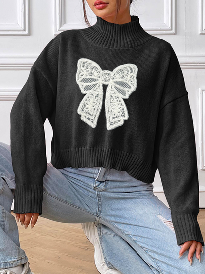 Sweaters- Oversized Pink Sweater with Lace Bow- Black- IndioGear.com