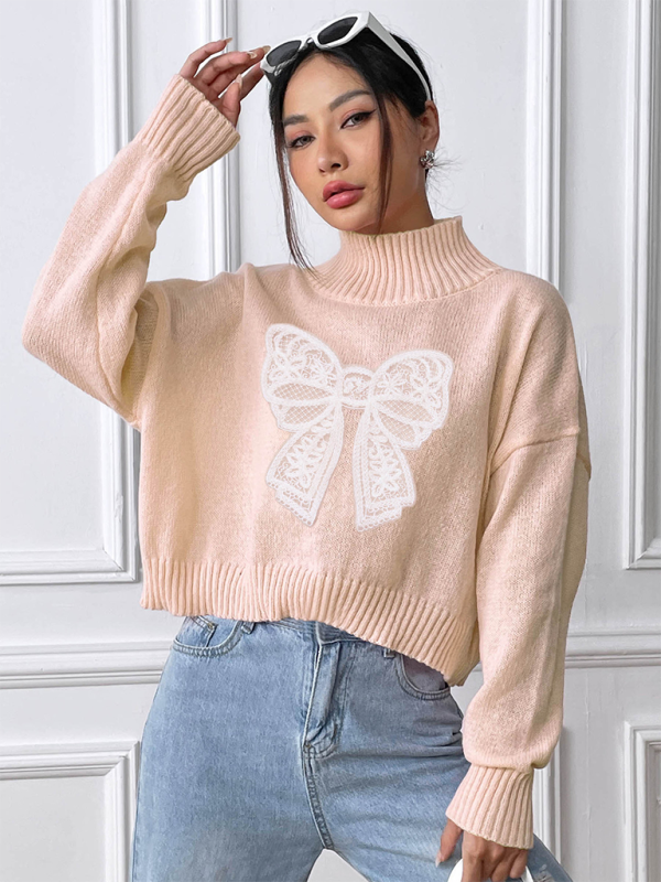 Sweaters- Oversized Pink Sweater with Lace Bow- - IndioGear.com