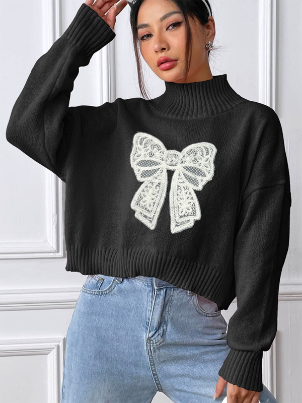 Sweaters- Oversized Pink Sweater with Lace Bow- - IndioGear.com