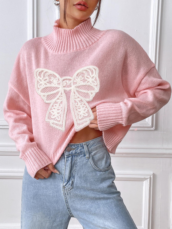 Sweaters- Oversized Pink Sweater with Lace Bow- - IndioGear.com