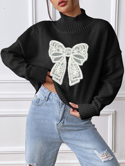 Sweaters- Oversized Pink Sweater with Lace Bow- - IndioGear.com