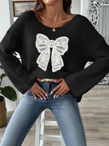 Sweaters- Oversized Pink Sweater with Lace Bow- - IndioGear.com