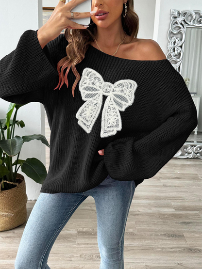 Sweaters- Oversized Pink Sweater with Lace Bow- - IndioGear.com