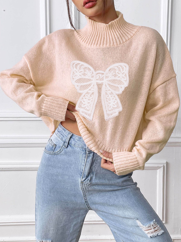 Sweaters- Oversized Pink Sweater with Lace Bow- Cracker khaki- IndioGear.com