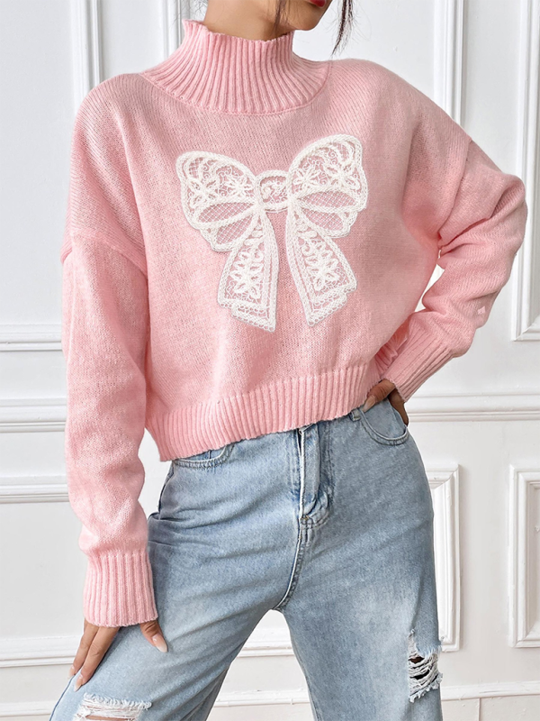 Sweaters- Oversized Pink Sweater with Lace Bow- - IndioGear.com