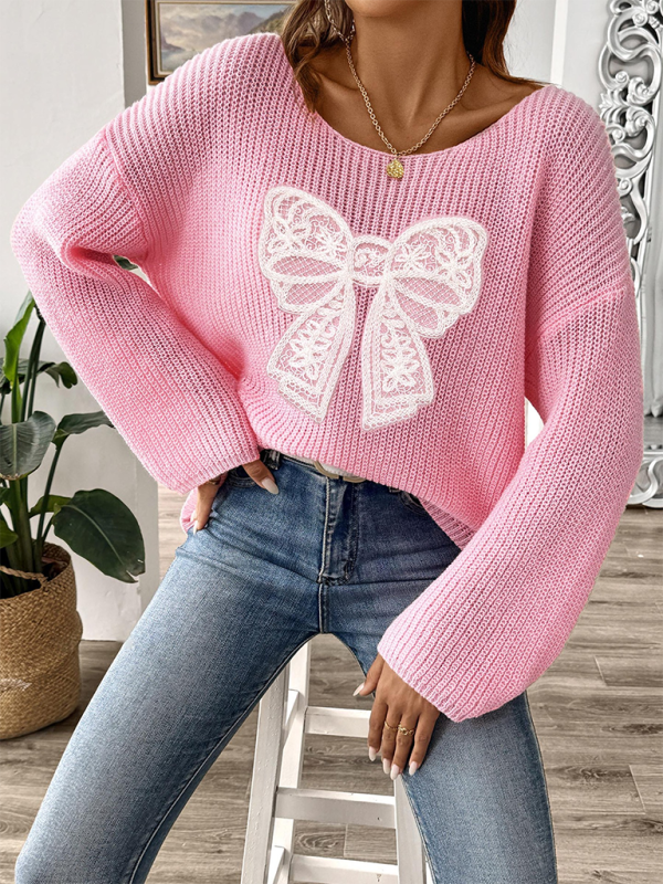 Sweaters- Oversized Pink Sweater with Lace Bow- - IndioGear.com