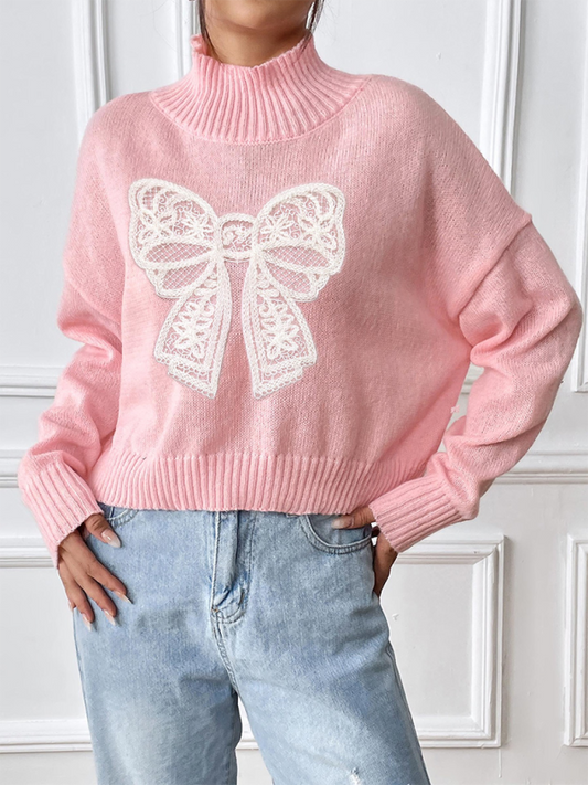 Sweaters- Oversized Pink Sweater with Lace Bow- Pink- IndioGear.com