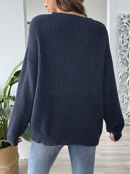 Sweaters- Oversized Wide V-Neck Sweater - Autumn Jumper Layering- - IndioGear.com