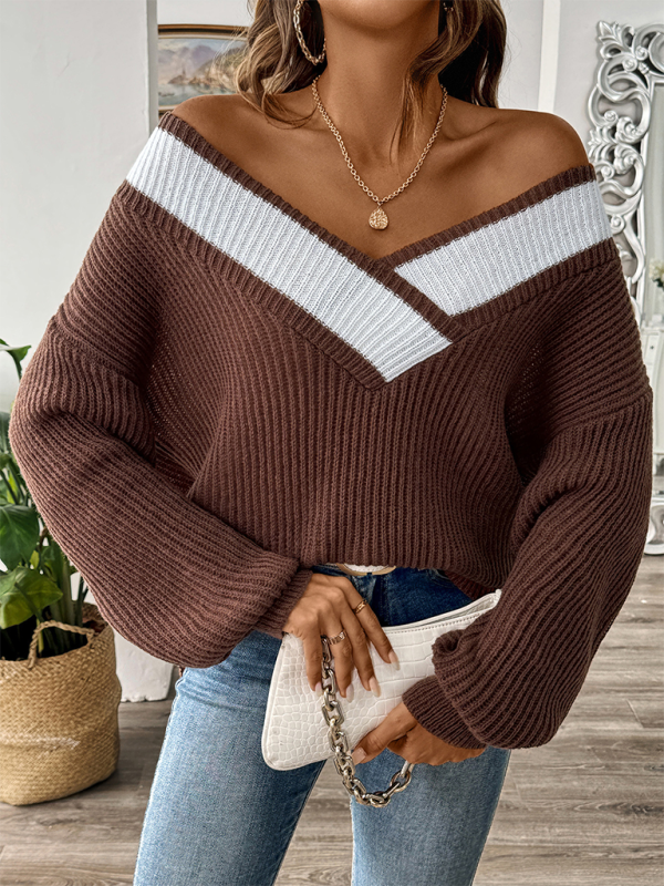 Sweaters- Oversized Wide V-Neck Sweater - Autumn Jumper Layering- - IndioGear.com